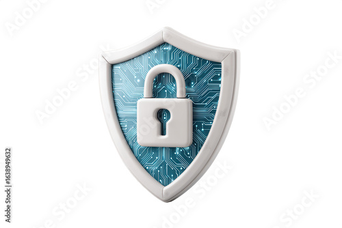 A shield emblem featuring a padlock and circuit pattern symbolizes cybersecurity and protection in the digital realm.