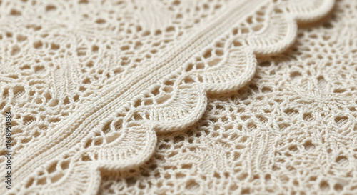 Intricate cream lace fabric with scalloped edge detail