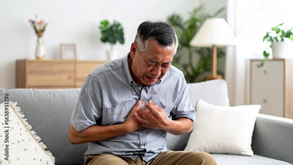 突然の胸の痛みに襲われる中年男性 突然の胸の痛みに襲われる中年男性