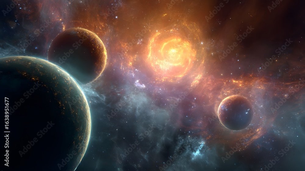 Obraz premium Cosmic symmetry of planets glowing in a nebula-rich abstract space environment