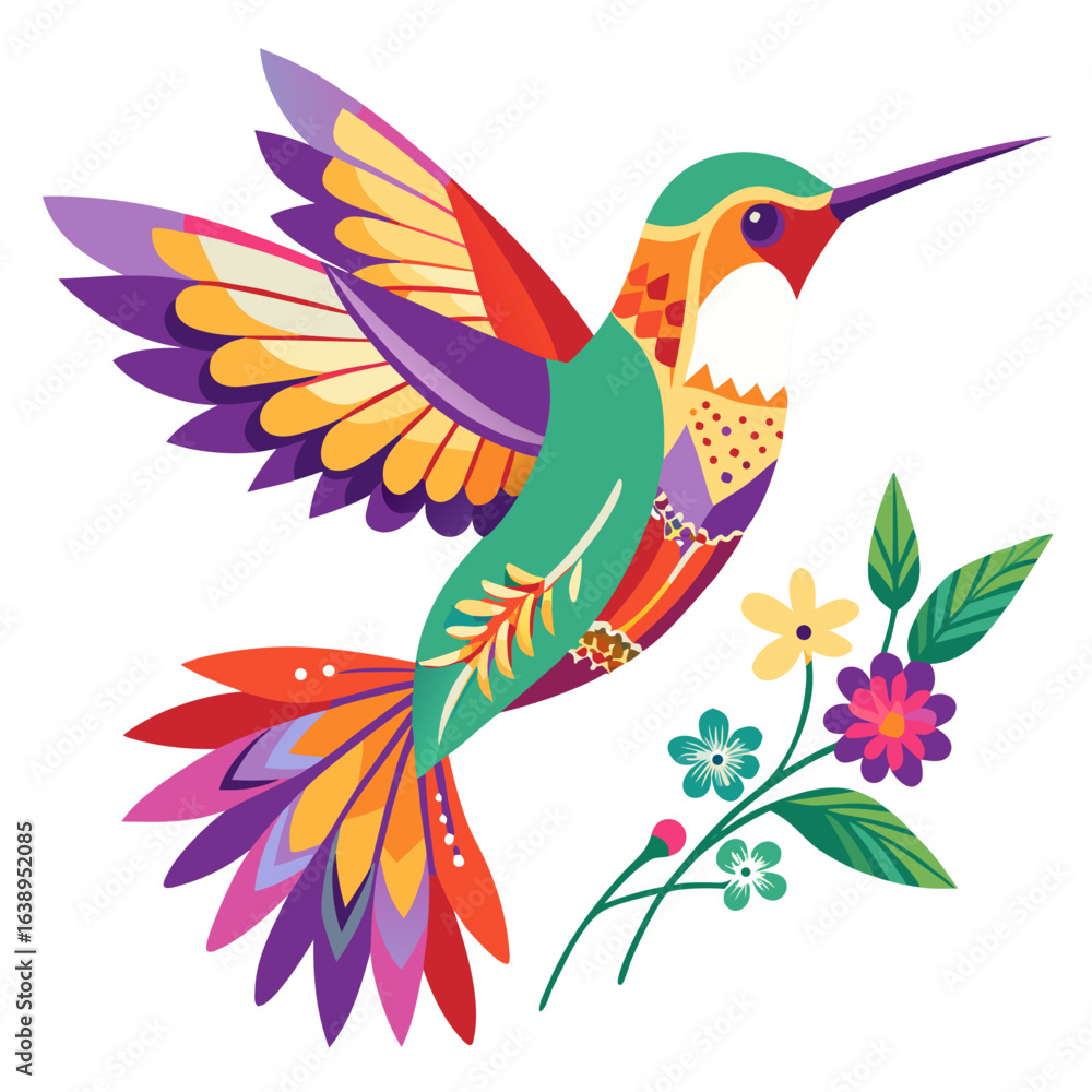 Obraz premium Colorful Hummingbird Vector – Flying Exotic Bird with Floral Elements, Flat Style Isolated Illustration