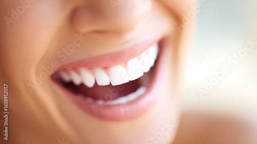 Close-up of a natural smile with perfect white teeth, highlighting dental health and confidence.