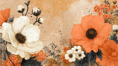 A beautiful and elegant arrangement of orange and white flowers against a textured vintage inspired background