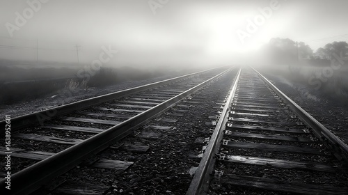 Fog-shrouded railway tracks stretching into the distance.