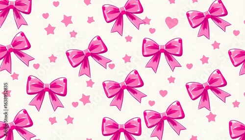 Seamless pink preppy pattern with bows, ribbons, stars, and polka dots Perfect for Valentine's Day or birthdays, vintage, design