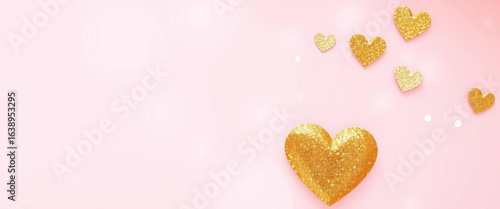 Soft pink background with glittering gold hearts, radiating warmth and joy,  soft,  sparkle