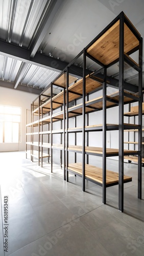 Sunlit industrial-style room with numerous empty wooden and metal shelves