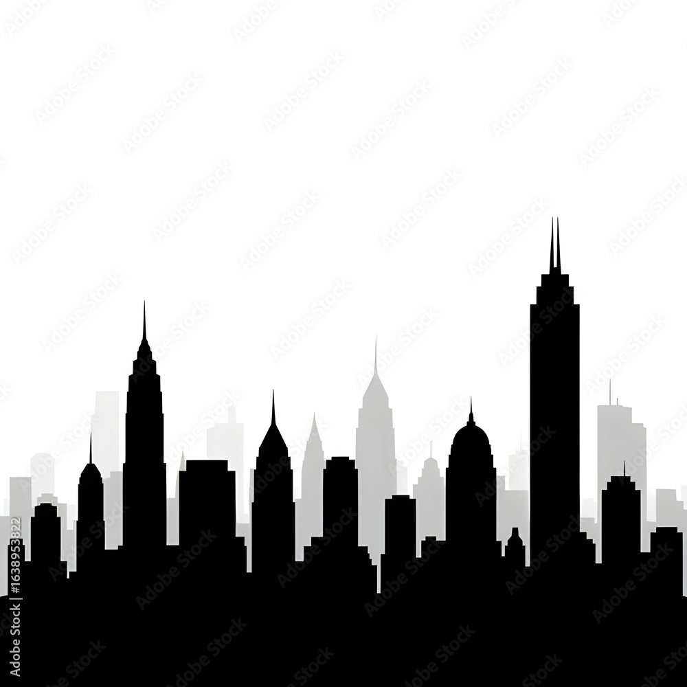 Fototapeta premium A minimalist cityscape silhouette against a white backdrop showcases modern architectural design