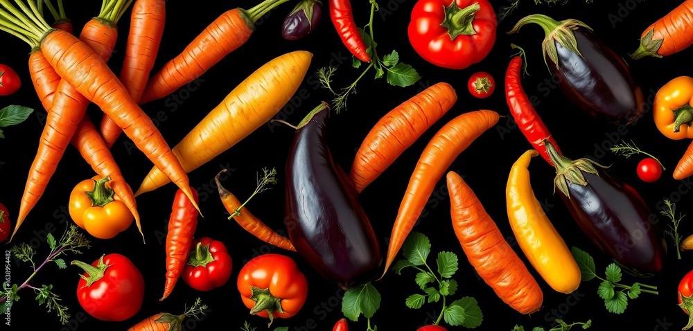 Vibrant vegetable seamless pattern on dark background; carrots, peppers, eggplant, herbs,  vibrant,  design element
