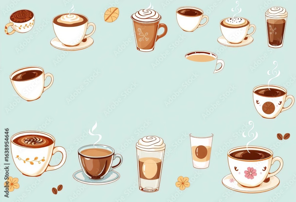 Whimsical hand-drawn coffee & tea cups, various styles, hot chocolate, cappuccino, espresso, latte, americano , sketch, illustration Whimsical hand-drawn coffee & tea cups, various styles, hot chocolate, cappuccino, espresso, latte, americano , sketch, illustration