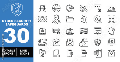 Cyber security safeguards set of web icons in line style. Exclusive cyber security safeguards linear icon collection. Containing fingerprint, hacker, bug, encryption, security, and QR. Editable stroke