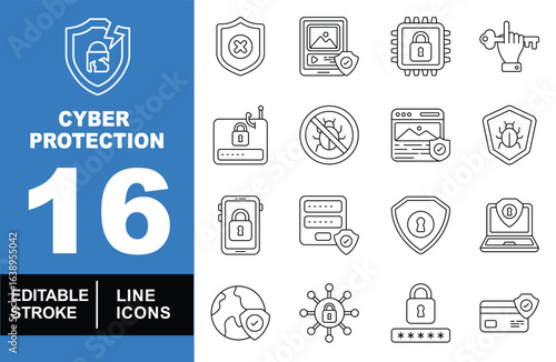 Cyber protection set of web icons in line style. Exclusive cyber protection linear icon collection. Containing shield, password, bug, encryption, security, bitcoin, locked, and vpn. Editable stroke