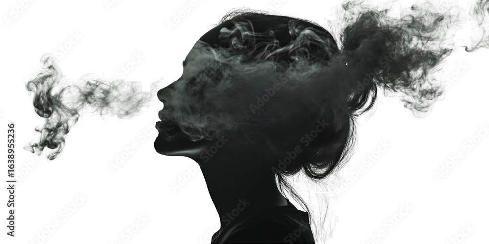 Fototapeta premium Woman Silhouette Dissolving into Gradient Particles on Transparent Background