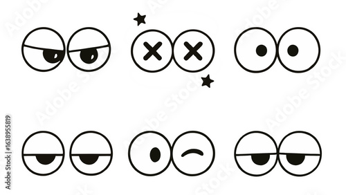 Cartoon Doodle Eyes Expressions Set in Black and White, transparent background
