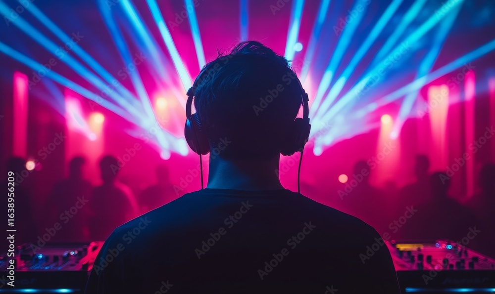 Fototapeta premium DJ with headphones playing music in a club, with laser lights creating an energetic atmosphere, Generative AI