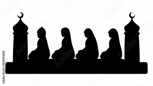 Silhouette illustration of people praying in a row between two mosque pillars with crescent moons on top