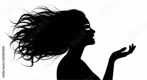 Silhouette of beautiful girl in profile with long hair stock 

