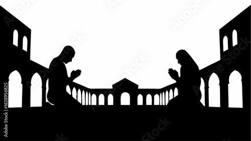 Silhouette of muslim man and woman praying in mosque courtyard with arched architecture and white background