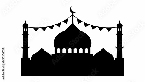 Silhouette of a mosque with minarets and crescent moon decorated with triangular flags for celebration