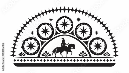 Black and white decorative design featuring a horseman with stars and geometric shapes centered perfectly
