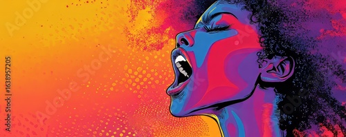 Afro woman screaming in pop art style, created as a colorful and dynamic artwork, Generative AI