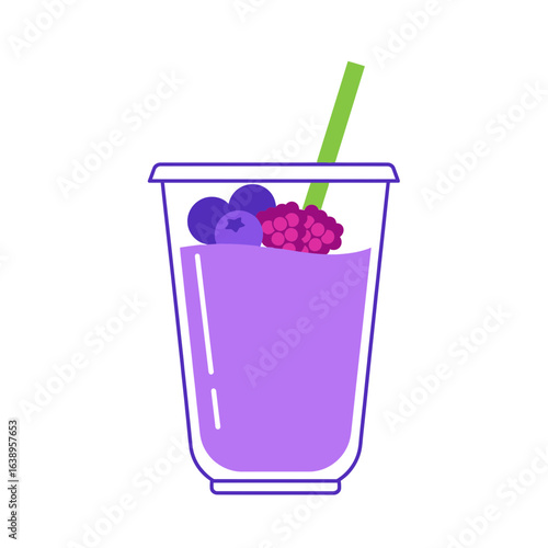 A purple smoothie with berries and a straw in a clear cup.