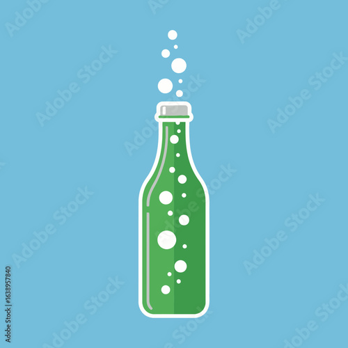 Green bubbly drink in a glass bottle with a blue background.
