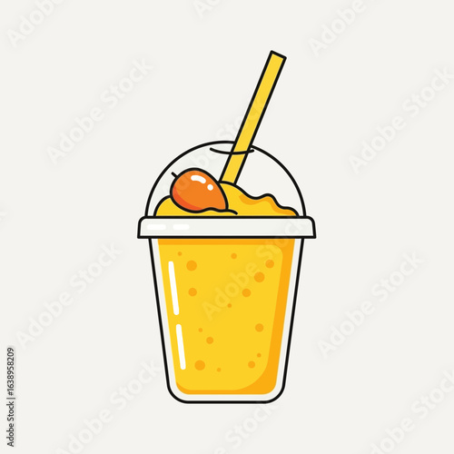 Yellow smoothie in a clear plastic cup with a straw and fruit.