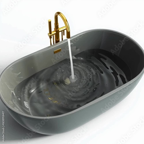 Elegant Modern Grey Bathtub with Gold Faucet and Flowing Water
