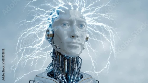Futuristic Robot Head with Electric Energy and Digital Design