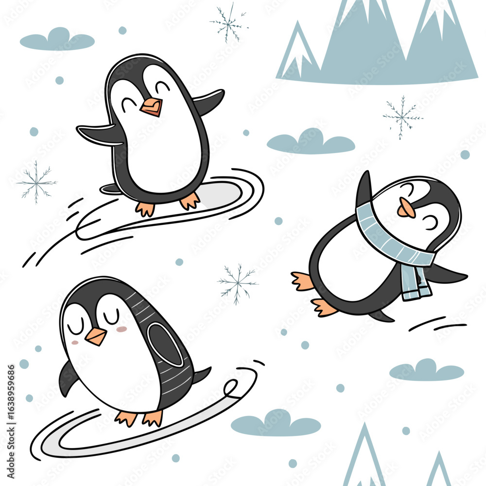 Fototapeta premium Humorous seamless pattern featuring clumsy cartoon penguins in silly poses 