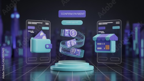e wallet integration concept. Digital payment confirmation graphic with mobile devices and currency symbols.