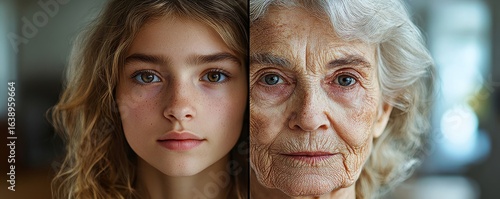 Portrait split into two halves, showing a woman in her youth and old age, symbolizing the passage of time and life changes, Generative AI
