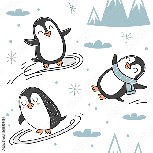 Humorous seamless pattern featuring clumsy cartoon penguins in silly poses	