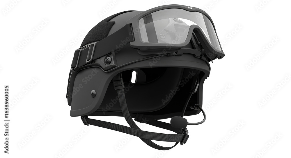 Fototapeta premium Close-up product rendering of a dark grey tactical helmet and goggles gear.