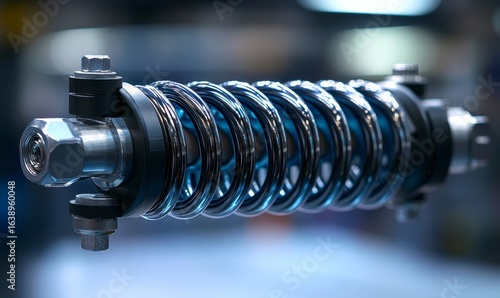 Close-up of a shock absorber strut with coil spring from a modern cars suspension system, highlighting its design and functionality, Generative AI