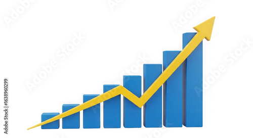 Ai generated image of blue bar graph with yellow arrow showing upward trend isolated on transparent background