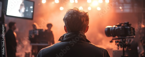 Point of view of an actor looking at the cinema crew set director, captured ultra-realistically, Generative AI