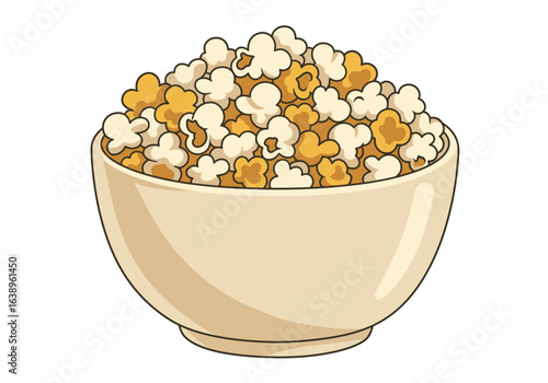 Cartoon Bowl Overflowing with Delicious Popcorn Kernels.