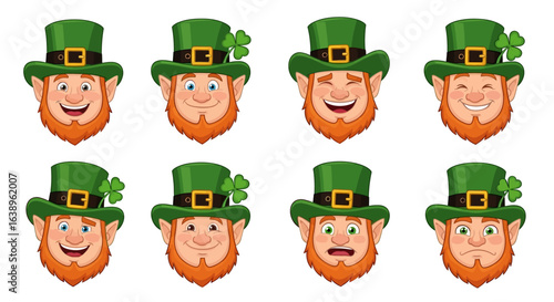 Eight cartoon leprechaun heads with different facial expressions, wearing green hats with shamrocks, isolated on a white background.