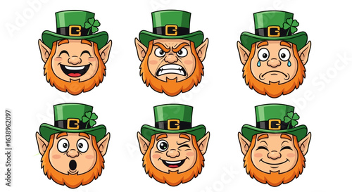 Six cartoon leprechaun faces displaying different emotions: happy, angry, sad, surprised, winking, and content, all wearing green hats with shamrocks.