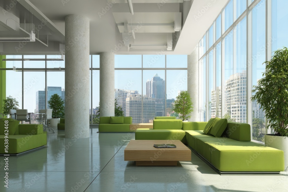 Fototapeta premium Modern, bright office lounge with city view