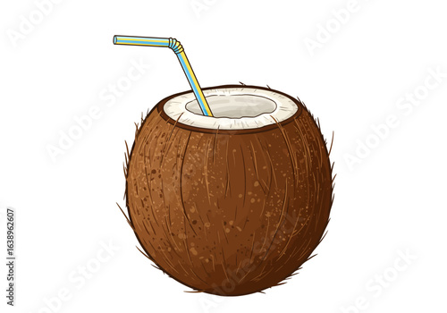 Cartoon Coconut Drink with Striped Straw Illustration.