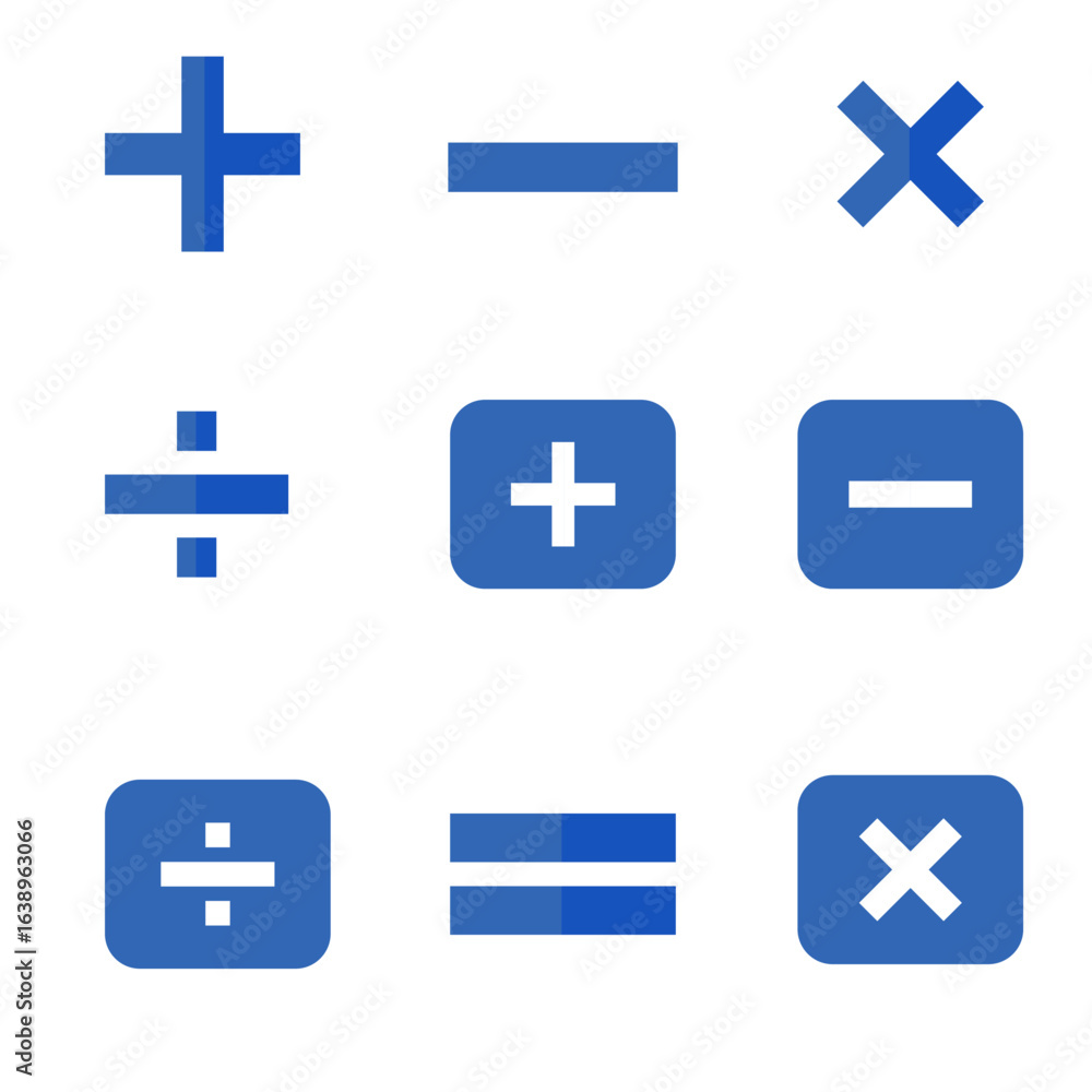 Obraz premium Basic Mathematical Symbols Icon Set - Simple Blue Vector Illustrations for Addition, Subtraction, Multiplication, Division, and Equality Concepts