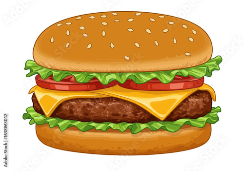 Delicious Cartoon Hamburger with Cheese Lettuce and Tomato.