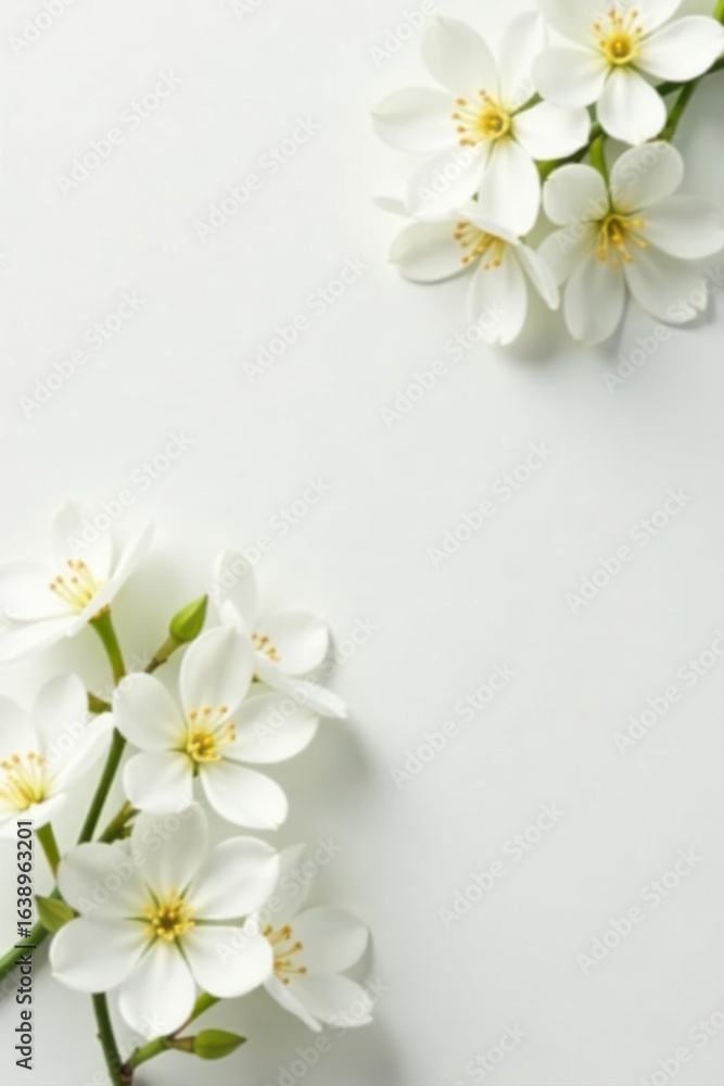 Obraz premium Delicate white jasmine blossoms scattered on pure white backdrop, background, fragile