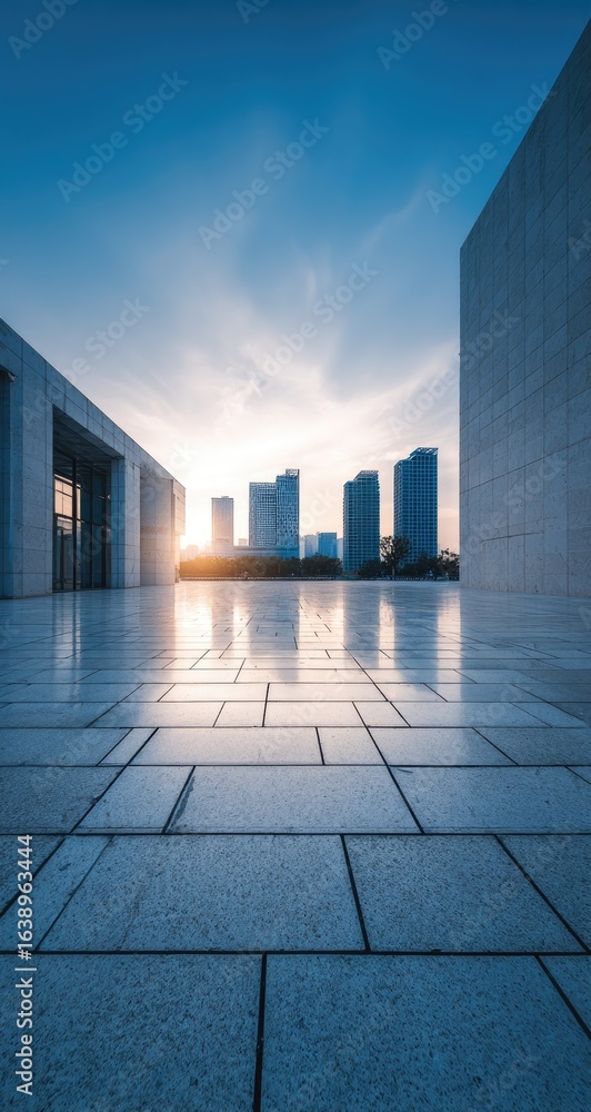 Fototapeta premium City plaza sunset, modern buildings, urban landscape, reflective ground, business district