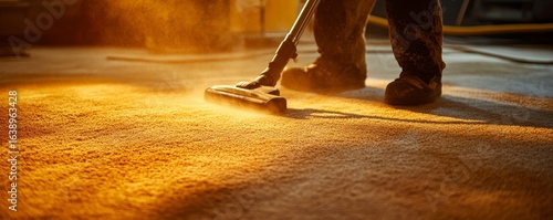 Person cleaning a carpet with a vacuum cleaner, demonstrating efficient cleaning techniques, Generative AI