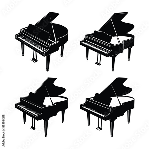 Four Grand Pianos in a Grid Pattern Black and White Illustration