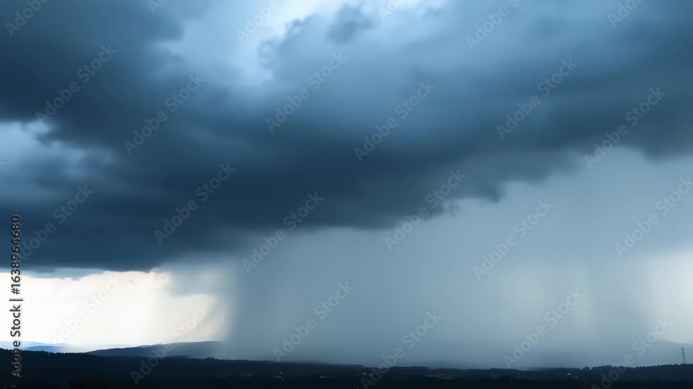 Dramatic Rainstorm: Dark Clouds Unleash Torrential Downpour Over Distant Landscape Dramatic Rainstorm: Dark Clouds Unleash Torrential Downpour Over Distant Landscape